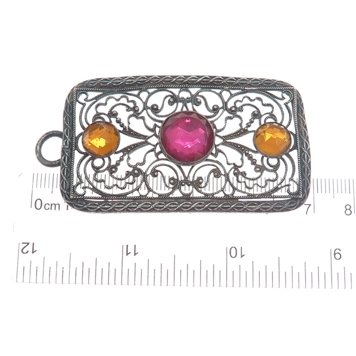 800 Silver Antique France Canary & Pink Rhinestone Filigree Oxidized Pendant