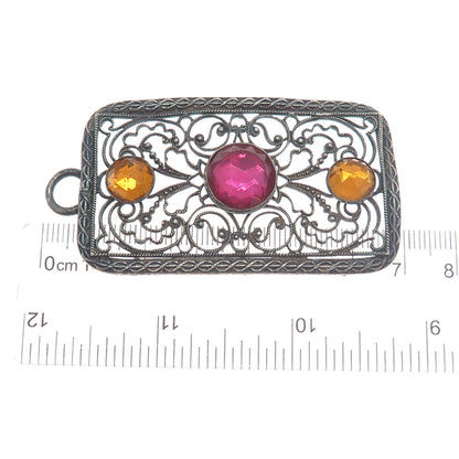 800 Silver Antique France Canary & Pink Rhinestone Filigree Oxidized Pendant
