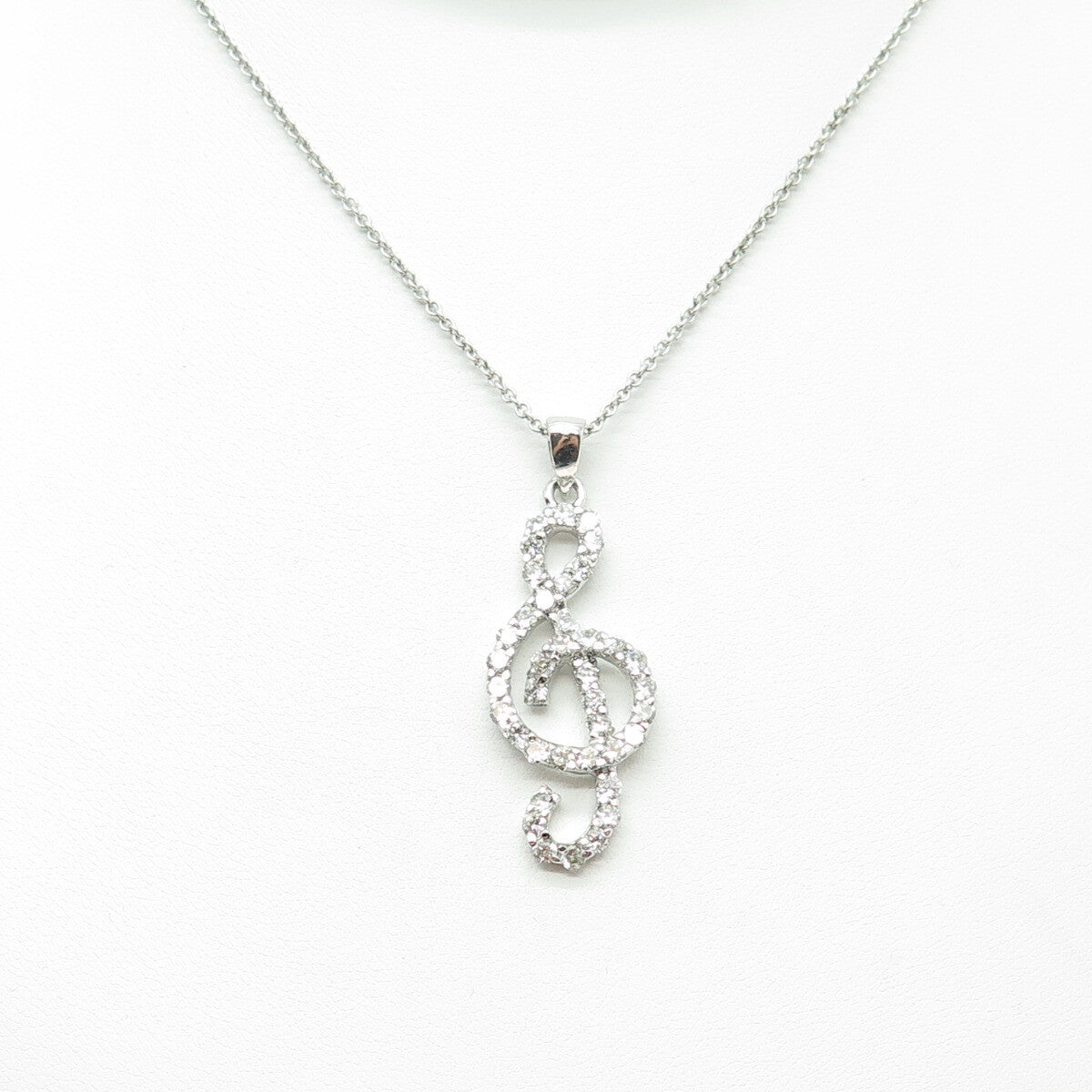 925 Sterling Silver Italy Round-Cut C Z Treble Clef Cable Chain Necklace 16"