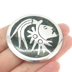 925 Sterling Silver Vintage Mexico Real Azurite Inlay Aztec Warrior Pin Brooch