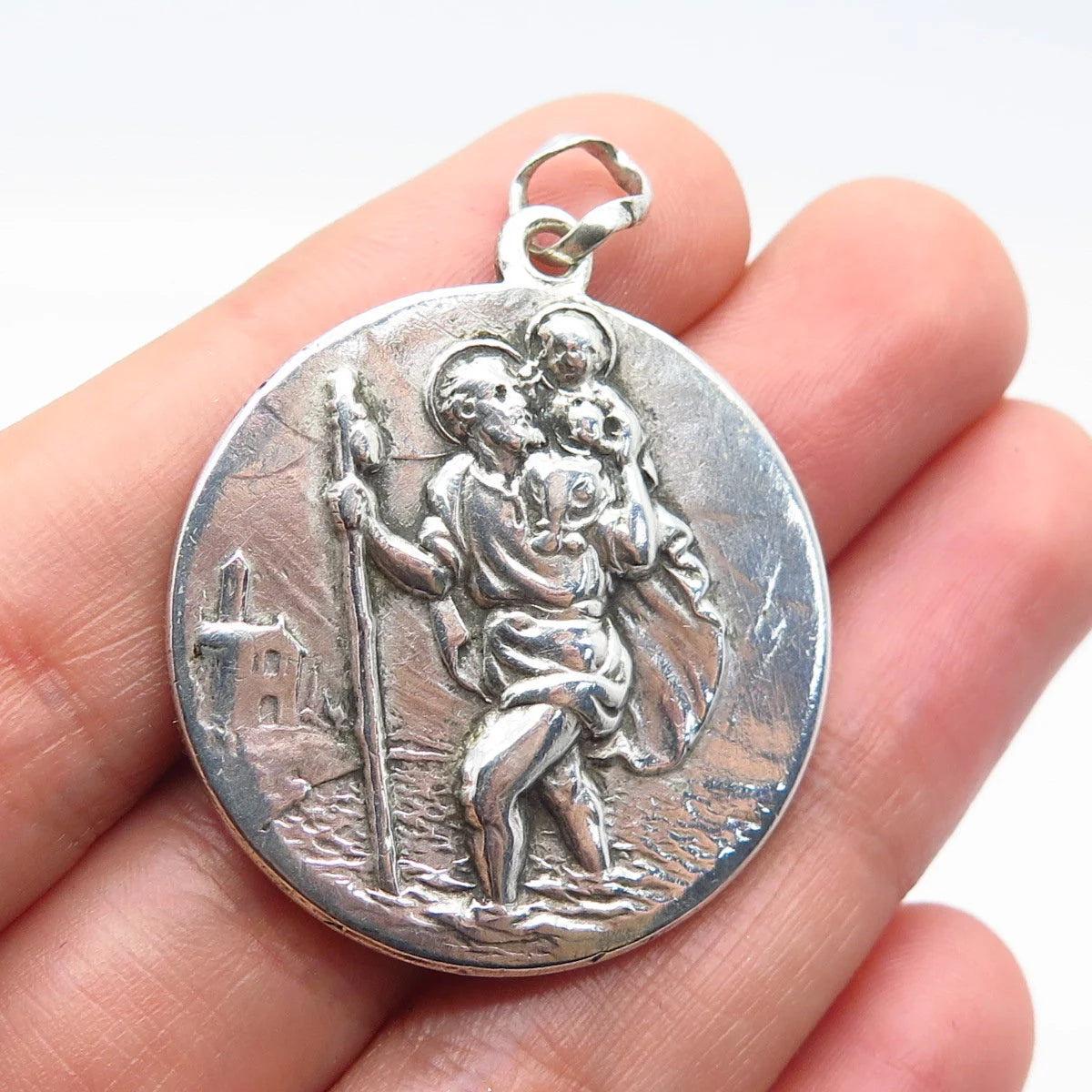 800 Silver Vintage Italy Ioannes XXIII & St. Christopher w/ Baby Pendant