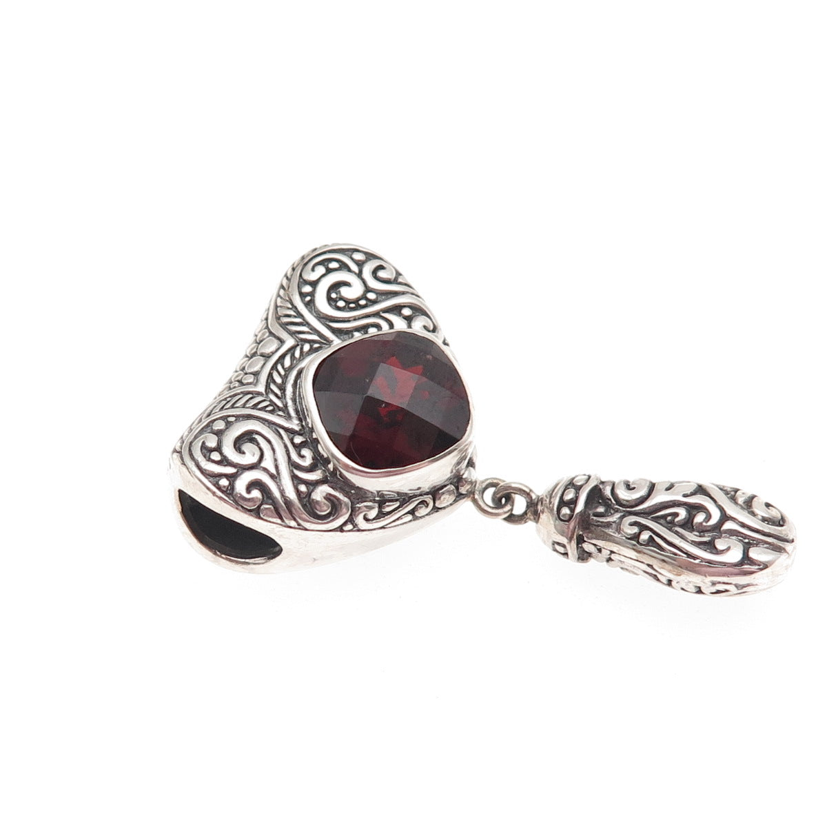 925 Sterling Silver Vintage Real Red Garnet Heart Swirl Slide Pendant