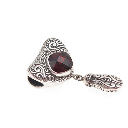 925 Sterling Silver Vintage Real Red Garnet Heart Swirl Slide Pendant