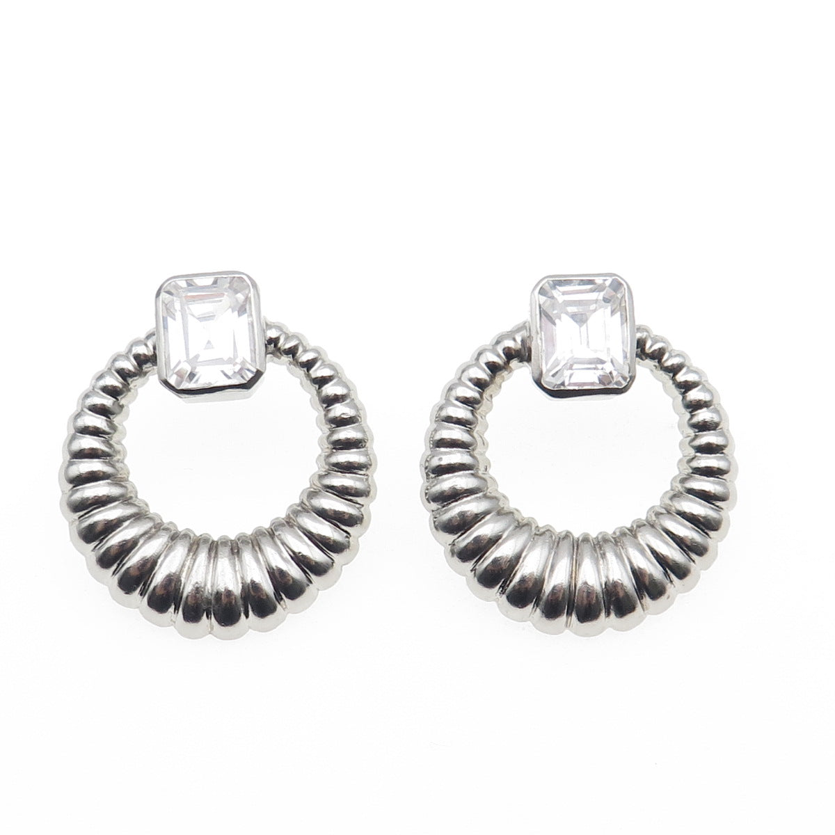 925 Sterling Silver Vintage Emerald-Cut C Z Door Knocker Oxidized Earrings