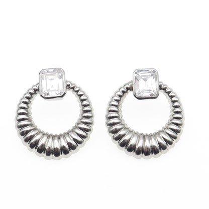 925 Sterling Silver Vintage Emerald-Cut C Z Door Knocker Oxidized Earrings