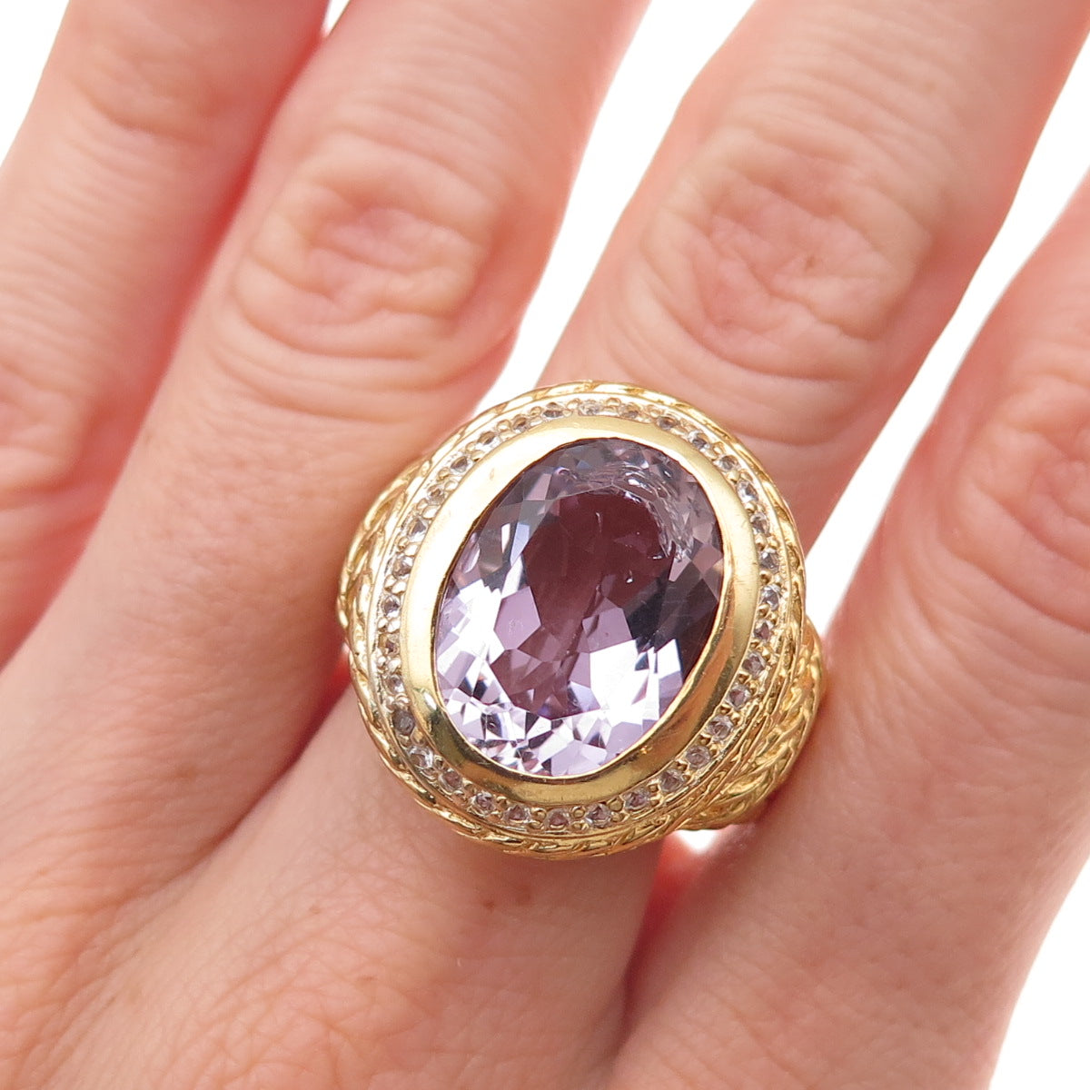 925 Sterling Silver Gold Plated Real Amethyst & White Topaz Wheat Ring Size 9