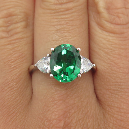 925 Sterling Silver Oval & Heart-Cut Green White C Z Ring Size 8.75