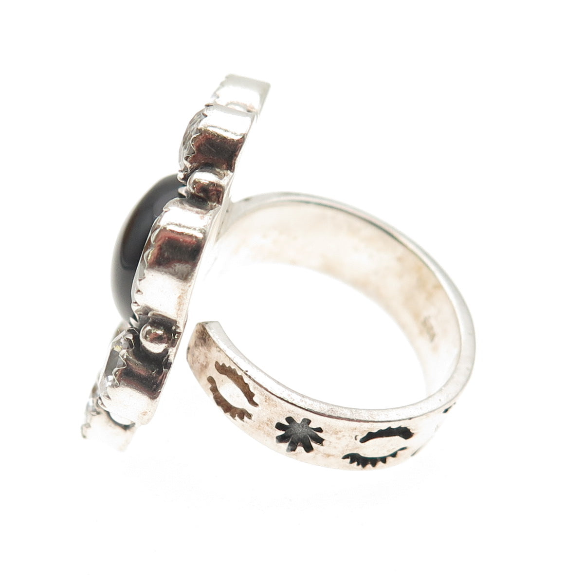Krush Kandy 925 Sterling Vintage Real Black Onyx & C Z Adjustable Ring Size 8.5