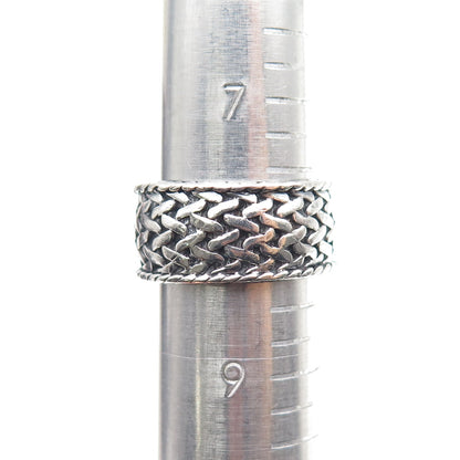 925 Sterling Silver Vintage Modernist Mesh Band Oxidized Ring Size 8.25