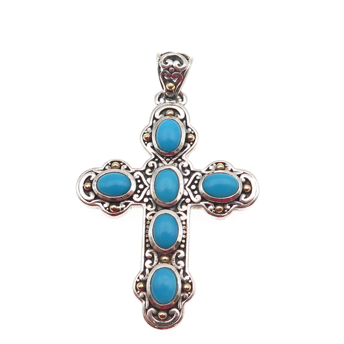 Samuel Benham 925 Sterling Silver 18K Gold Real Turquoise Cross Beaded Pendant