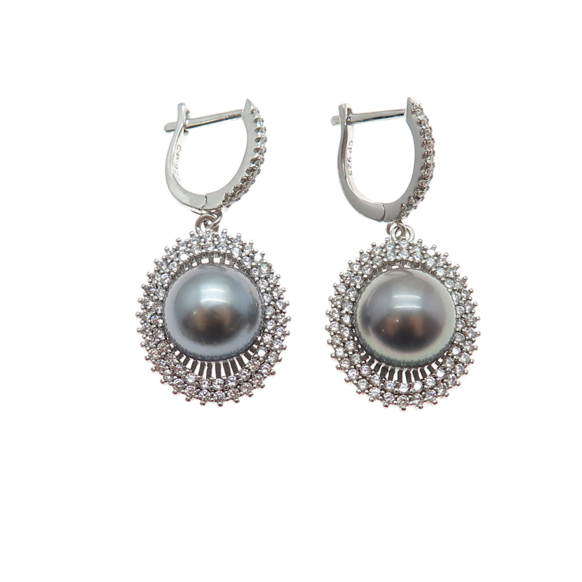 925 Sterling Silver Real Tahitian Pearl & C Z Dangle Earrings