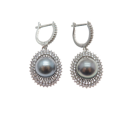 925 Sterling Silver Real Tahitian Pearl & C Z Dangle Earrings