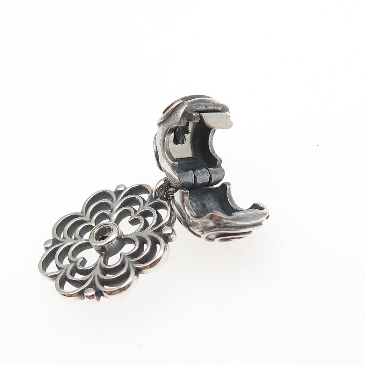 Pandora 925 Sterling Silver Round-Cut Black C Z Dogwood Dangle Clip Charm