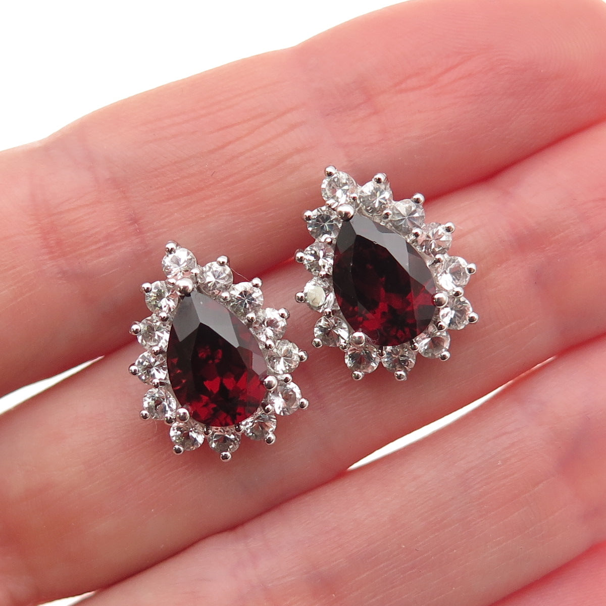 Harold Trujillo Sterling Silver Vintage Real Red Garnet & White Topaz Earrings