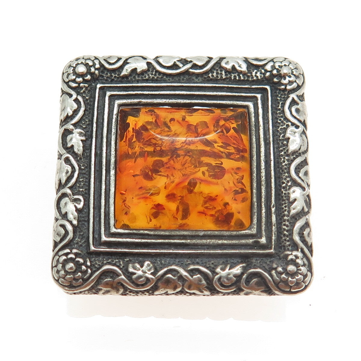 N. GAITARA 925 Sterling Silver Vintage Amber Floral Frame Pin Brooch