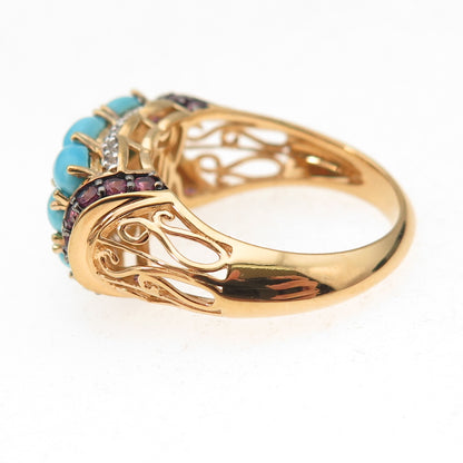 925 Sterling Silver Gold Plated Real Turquoise & Pink Sapphire Ring Size 8.25
