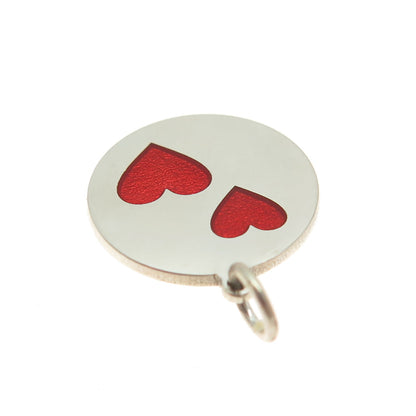 925 Sterling Silver Red Enamel Heart Couple Round Tag Minimalist Charm Pendant