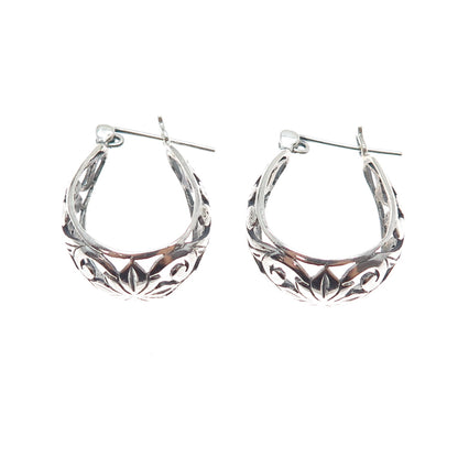 925 Sterling Silver Vintage Flower Oxidized Hoop Earrings
