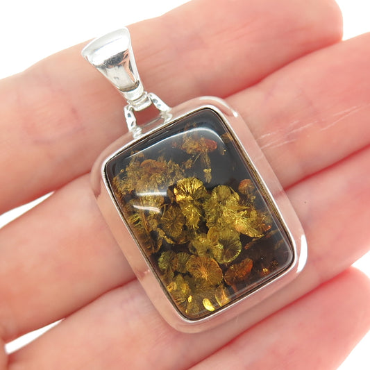 925 Sterling Silver Vintage Real Amber Modernist Charm Pendant