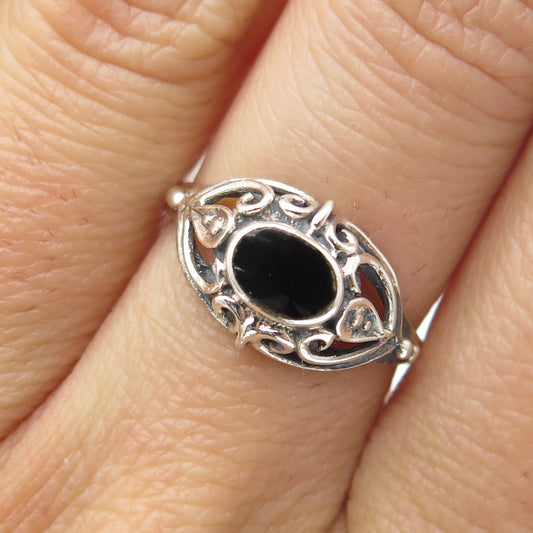 925 Sterling Silver Vintage Real Black Onyx Ornate Oxidized Ring Size 7.25
