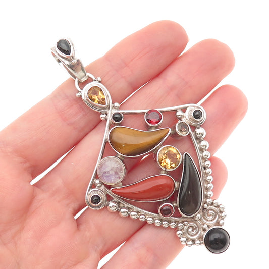 SAJEN 925 Sterling Silver Vintage Real Multi-Color Gem Modernist Pendant