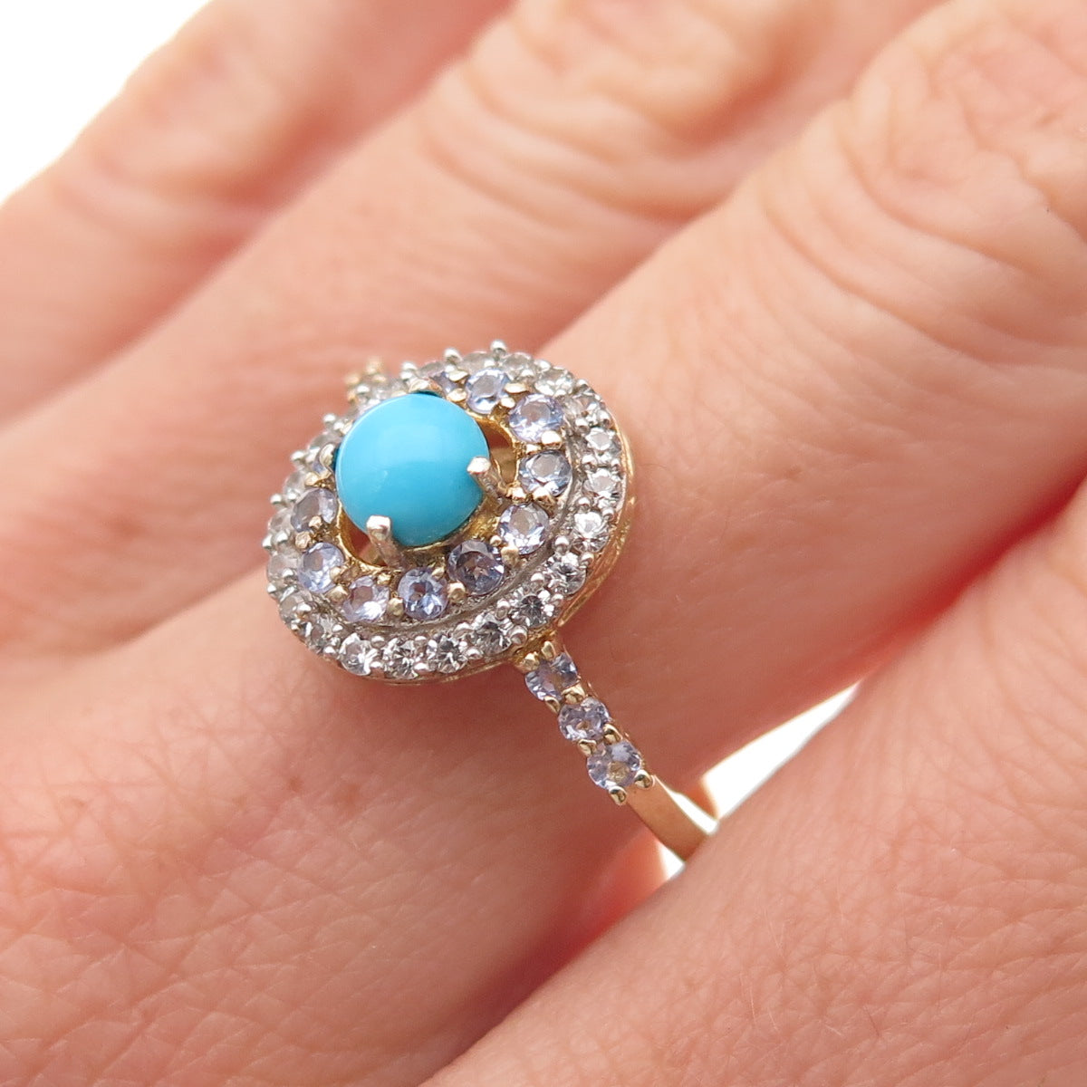 Chuck Clemency 925 Sterling Gold Plated Turquoise Tanzanite & Topaz Ring Size 8