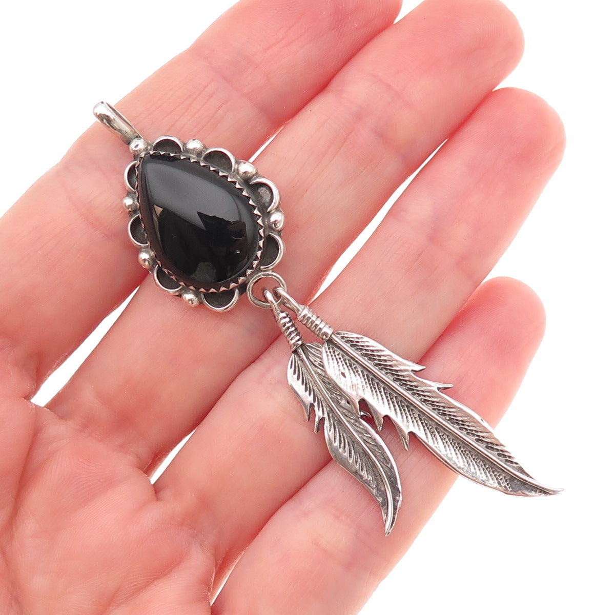 Old Pawn 925 Sterling Silver Vintage Southwestern Black Onyx Feather Pendant