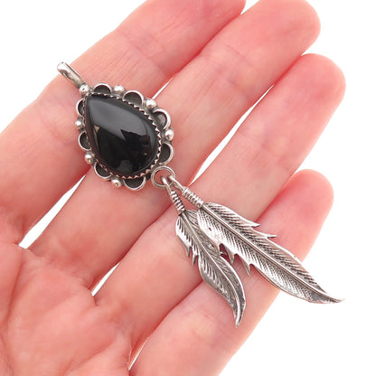 Old Pawn 925 Sterling Silver Vintage Southwestern Black Onyx Feather Pendant