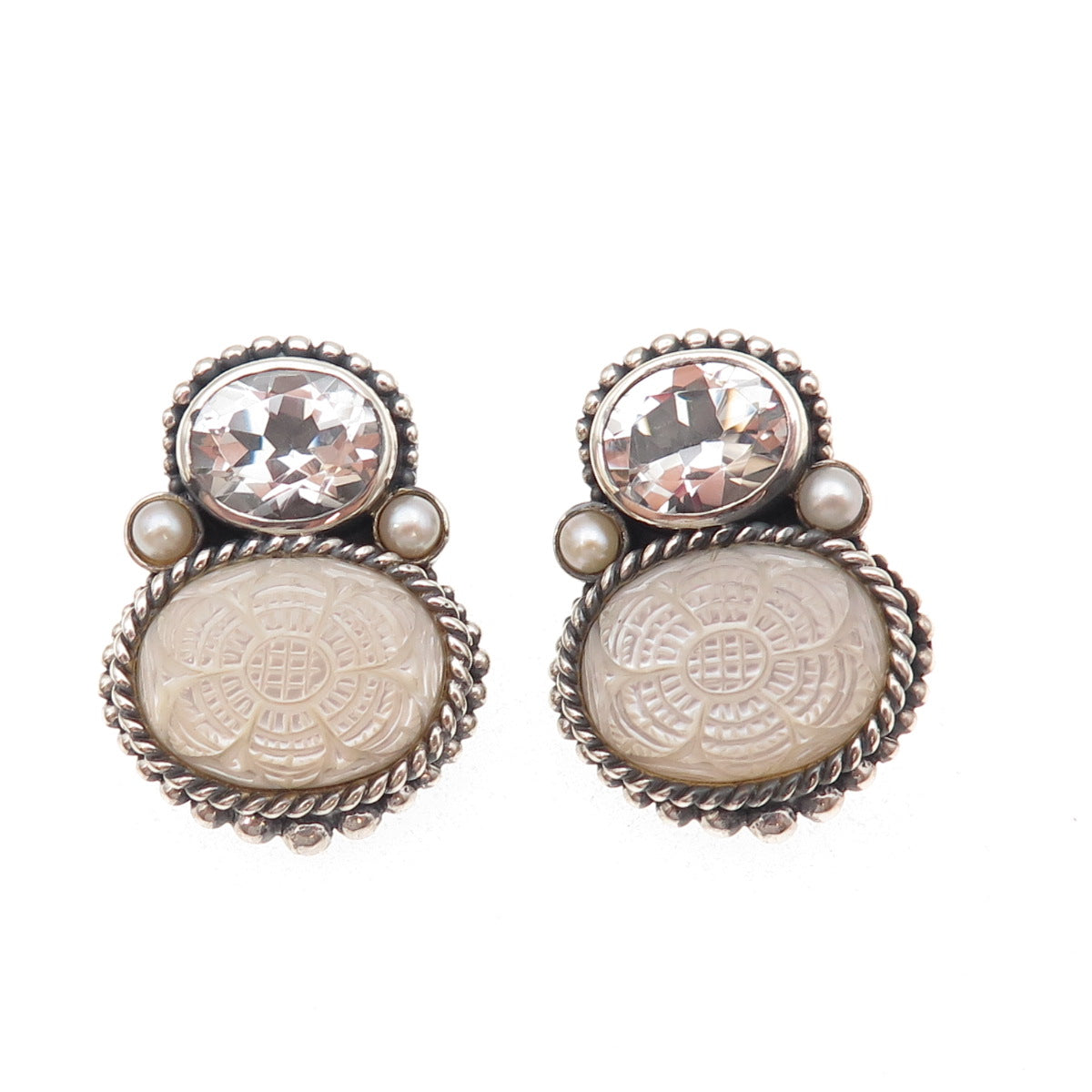 Stephen Dweck 925 Sterling Silver Vintage Real MOP Pearl Quartz Clip On Earrings