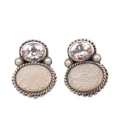 Stephen Dweck 925 Sterling Silver Vintage Real MOP Pearl Quartz Clip On Earrings