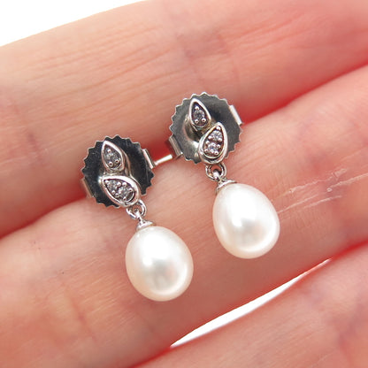 MICHELLE ALBALA Sterling Silver Real Pearl & White Topaz Floral Dangle Earrings