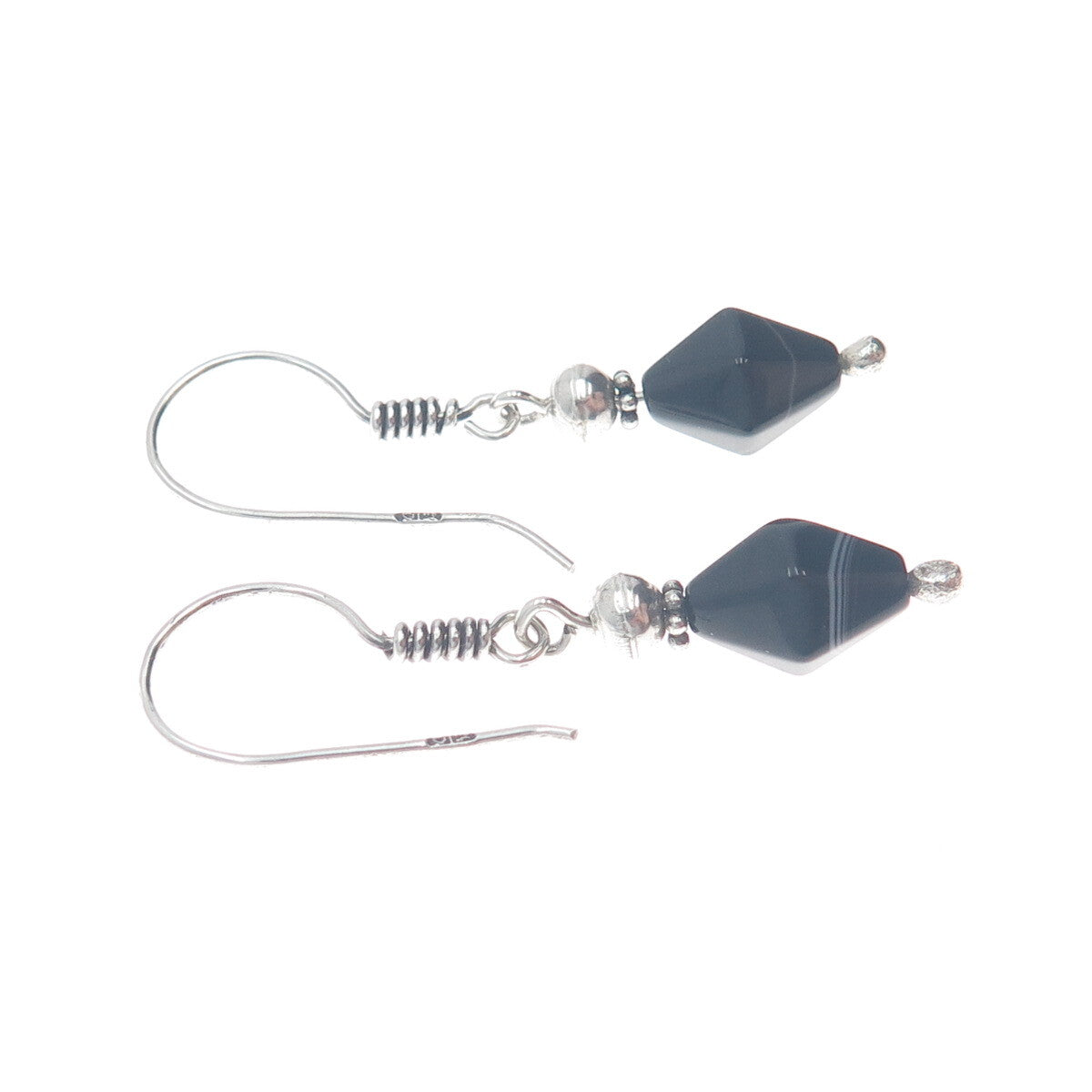 800 Silver Vintage Egypt Real Black Agate Dangle Earrings