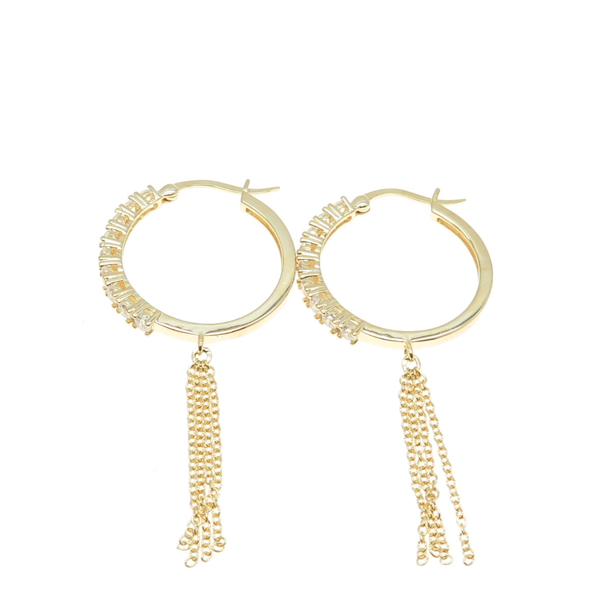 925 Sterling Silver Gold Plated Round-Cut C Z Tassel Hoop Earrings