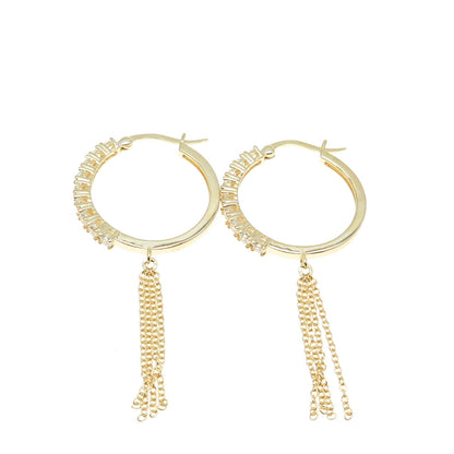 925 Sterling Silver Gold Plated Round-Cut C Z Tassel Hoop Earrings