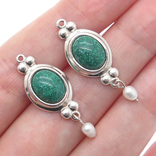 COLEMAN CO. Sterling Silver Vintage Real Malachite Inlay & Pearl Jacket Earrings