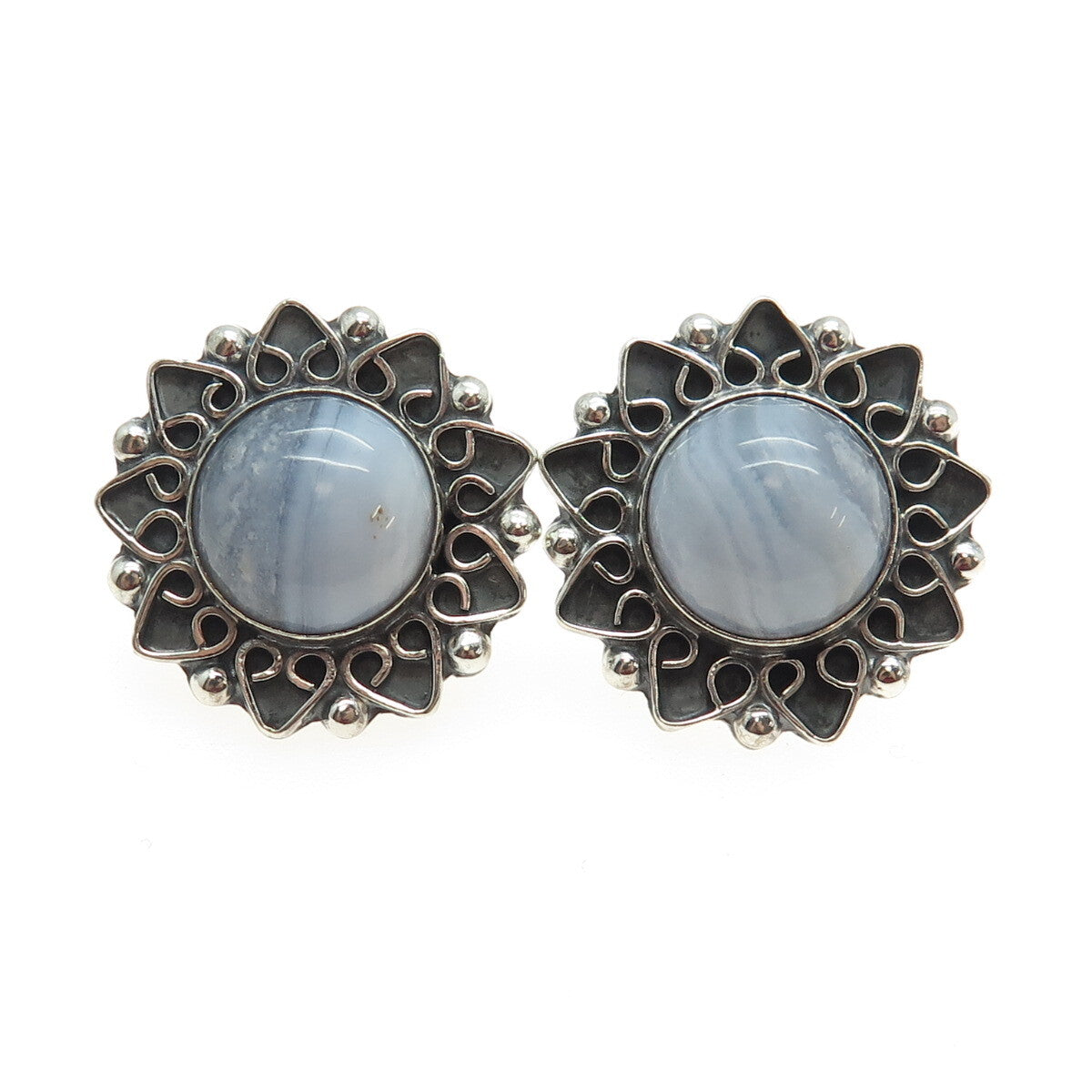 925 Sterling Silver Vintage CII Mexico Blue Lace Agate Floral Oxidized Earrings
