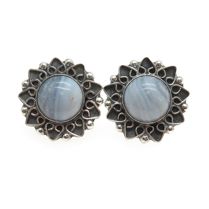 925 Sterling Silver Vintage CII Mexico Blue Lace Agate Floral Oxidized Earrings