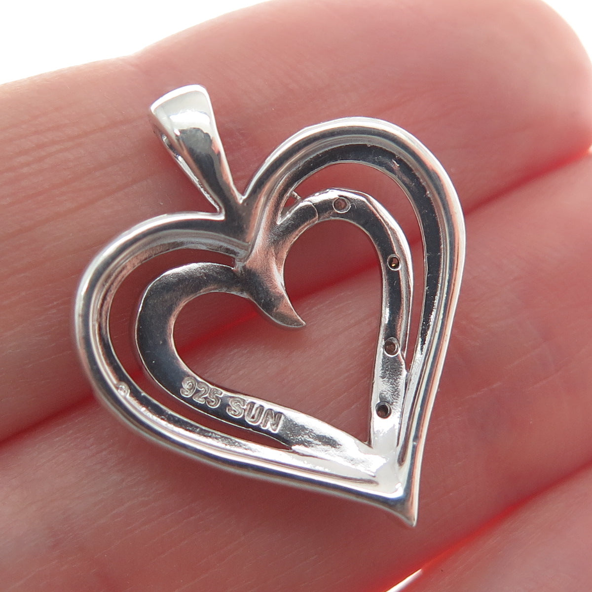 SUN 925 Sterling Silver Real Diamond Accent Double Heart Minimalist Pendant