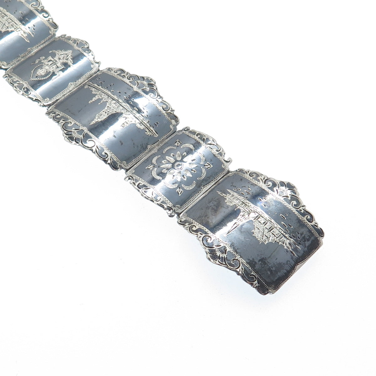 THAI NAKON 925 Sterling Silver Antique Siam Niello Hindu Oxidized Bracelet 7"