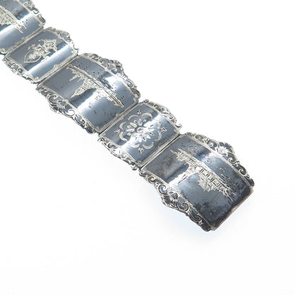 THAI NAKON 925 Sterling Silver Antique Siam Niello Hindu Oxidized Bracelet 7"