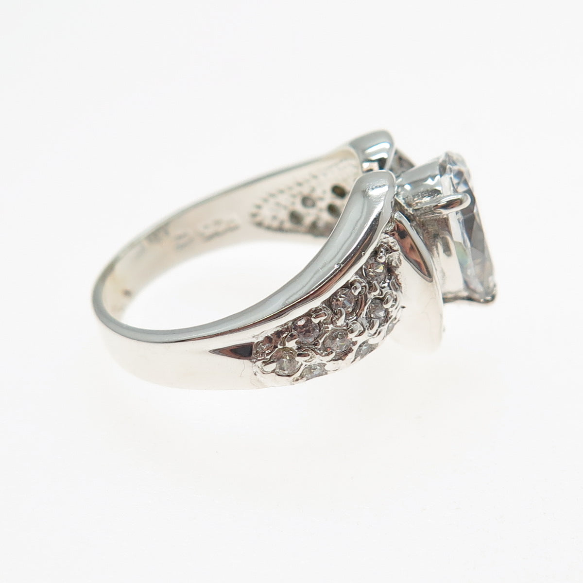 925 Sterling Silver Pear Round & Tapered Baguette-Cut C Z Heart Ring Size 7