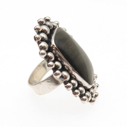 925 Sterling Silver Vintage Real Obsidian Beaded Adjustable Ring Size 7