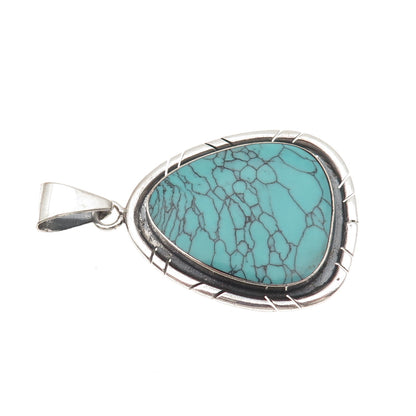 925 Sterling Silver Vintage Mexico Real Turquoise Modernist Oxidized Pendant