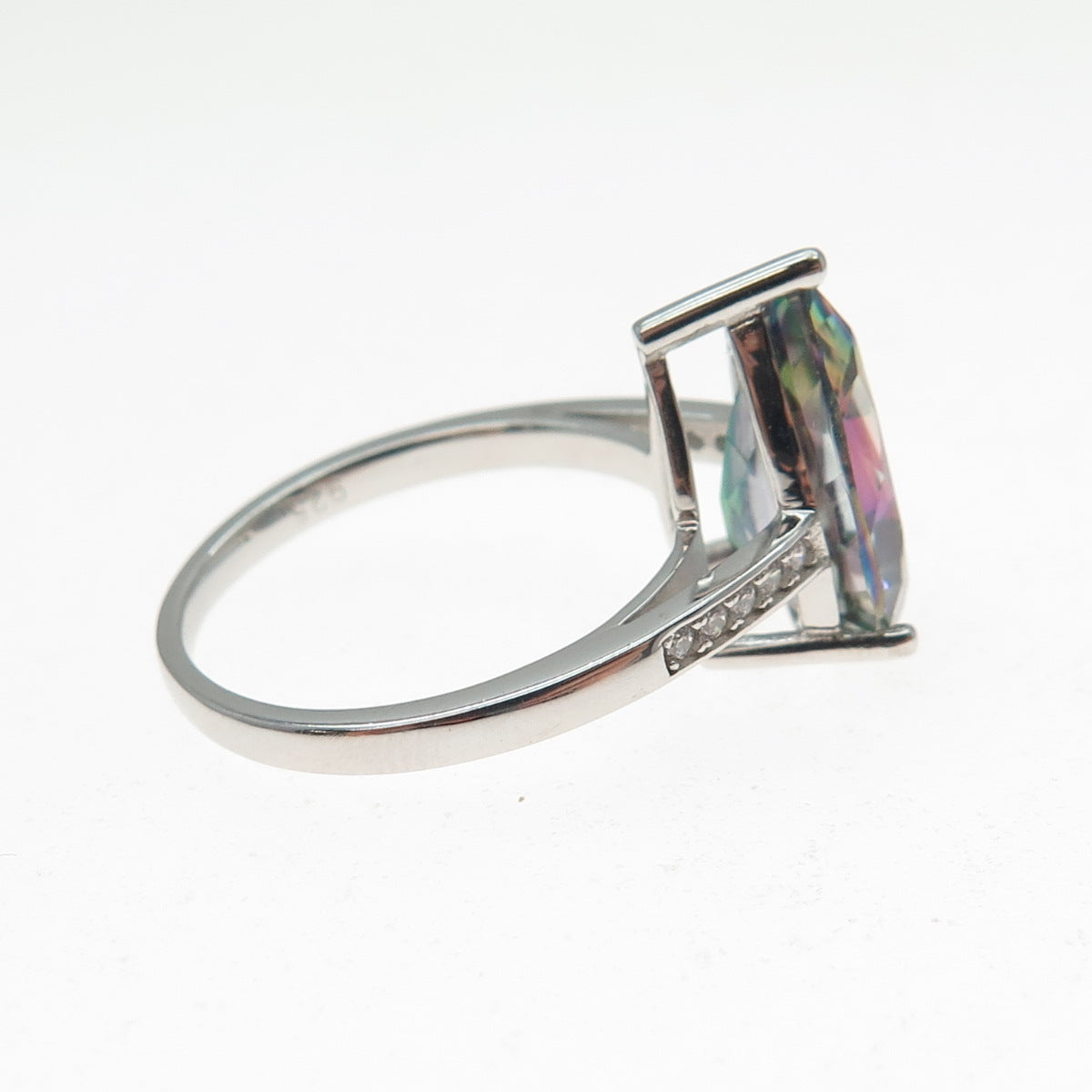 925 Sterling Silver Real Pear-Cut Mystic Quartz & Round-Cut C Z Ring Size 6.75