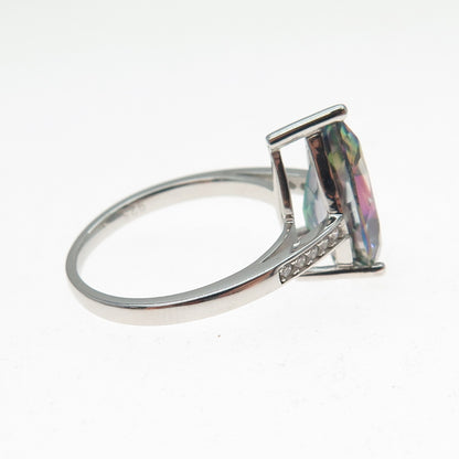 925 Sterling Silver Real Pear-Cut Mystic Quartz & Round-Cut C Z Ring Size 6.75