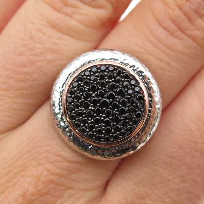 925 Sterling Silver 2-Tone Real Round-Cut Black Spinel Hammered Ring Size 7.25