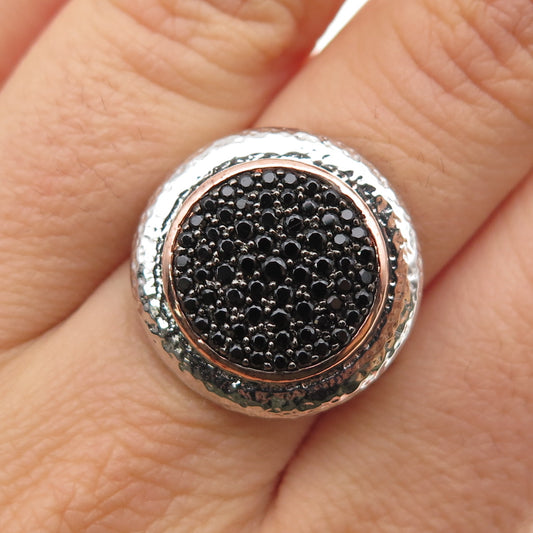 925 Sterling Silver 2-Tone Real Round-Cut Black Spinel Hammered Ring Size 7.25
