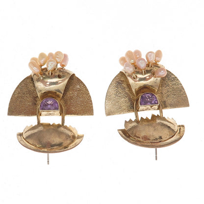 925 Sterling GP Vintage Real Amethyst & Pearl Modernist Earrings (missing pearl)
