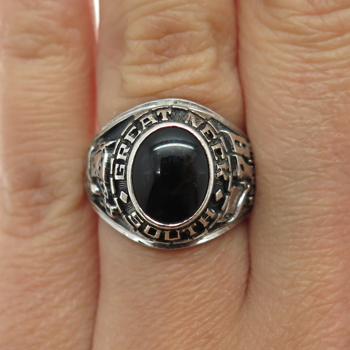 DRILLING Sterling Silver Vintage 1978 Black Onyx Great Neck South Ring Size 6