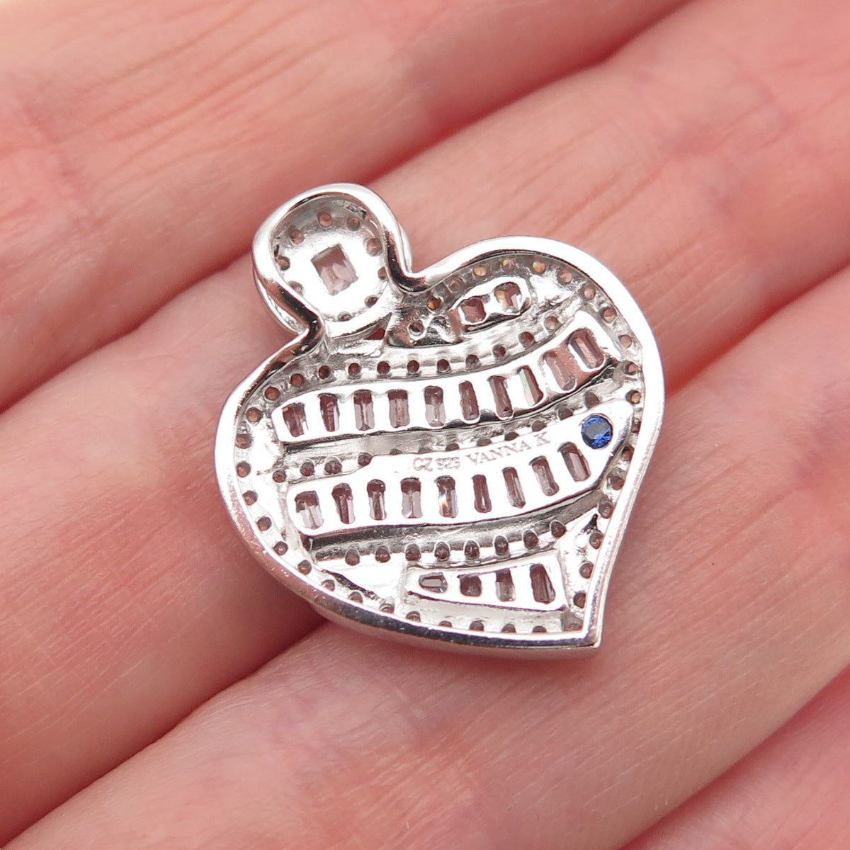 VANNA K 925 Sterling Silver Blue & White C Z Heart Slide Charm Pendant